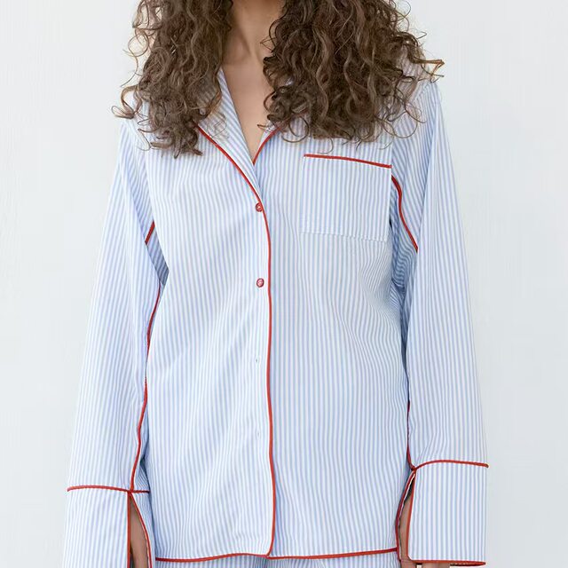 European and American Style Striped Long-Sleeved Shirt and Shorts Loungewear Set