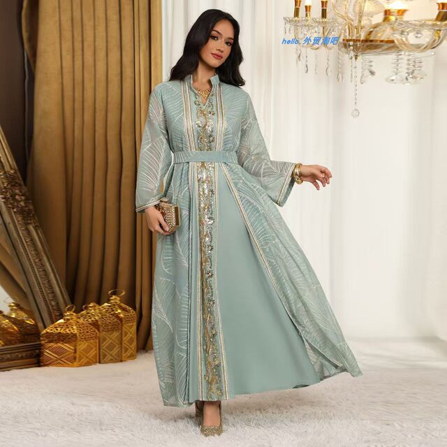 New Middle Eastern Women's Fashion Mesh Sequined Appliqué Robe Dress Sequined Robe Dress