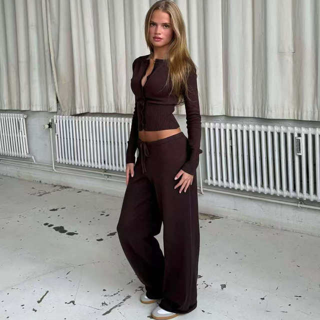 European and American Style New Fashion Casual Knitted Cardigan Sweater and Pants Set