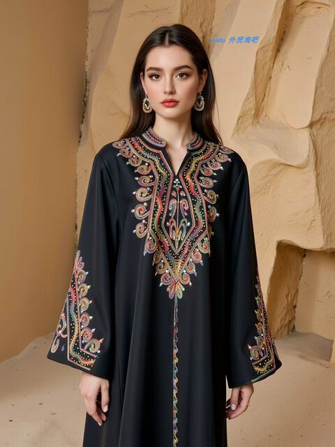 New Middle Eastern Dubai Women's Long Dress with Rope Embroidery Robe Dress