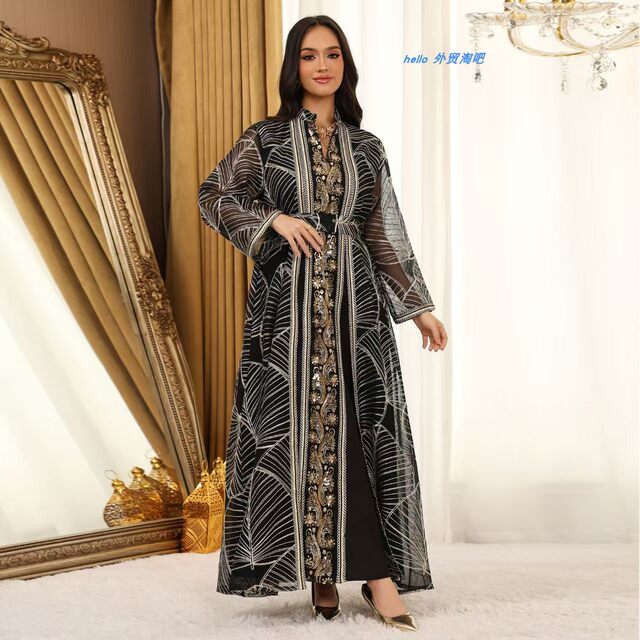 New Middle Eastern Women's Fashion Mesh Sequined Appliqué Robe Dress Sequined Robe Dress