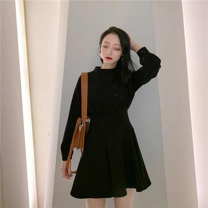 Hepburn little black dress French niche dress waist French retro skirt a-line skirt thickening bottoming skirt women's autumn and winter