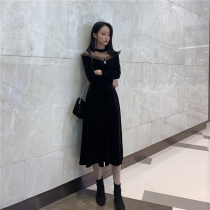 French style retro skirt collection waist autumn winter net red long dress gold velvet thickened long sleeves bottom skirt French small crowddress