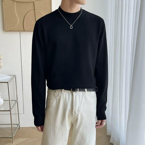 Черный цветной демисезонный утепленный шерстяной трикотажный свитер, высокий воротник, городской стиль