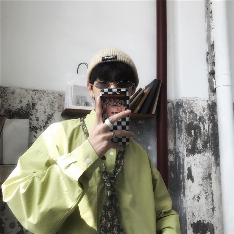 C2 / nguyên bản 18 mùa thu chic màu rắn retro lỏng quá khổ áo sơ mi dài tay hoang dã nam nữ áo sơ mi vintage