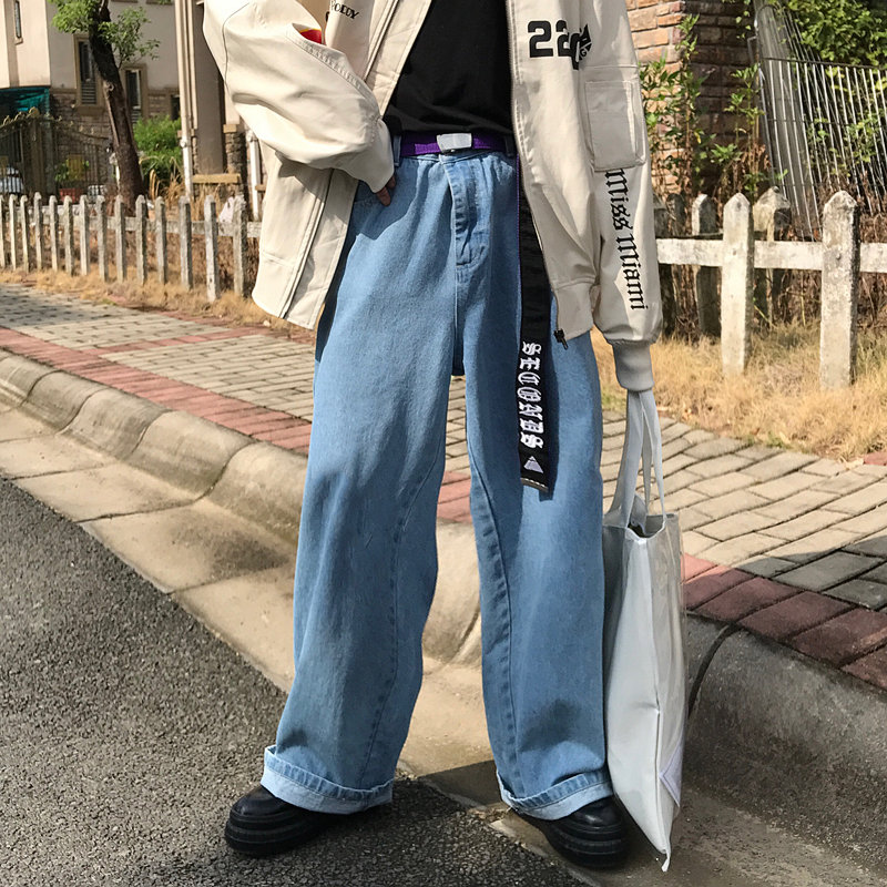 C2 自制/90年代复古纯色百搭水洗浅蓝色宽松阔腿高腰牛仔裤男女潮