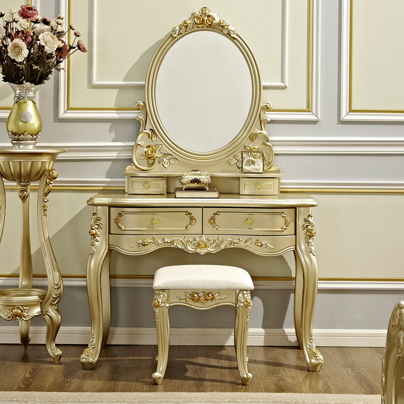 Eurostyle Solid Wood Makeup Desk Bedroom Makeup Table Makeup Mirror Composition Champagne Golden Makeup Chair Combined Extravagant Princess Table