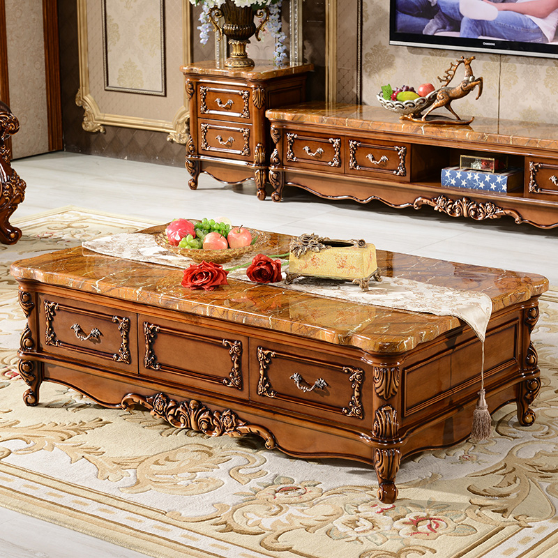 Warm tree furniture European style solid wood long coffee table marble surface with drawer storage coffee table living room matching sofa coffee table
