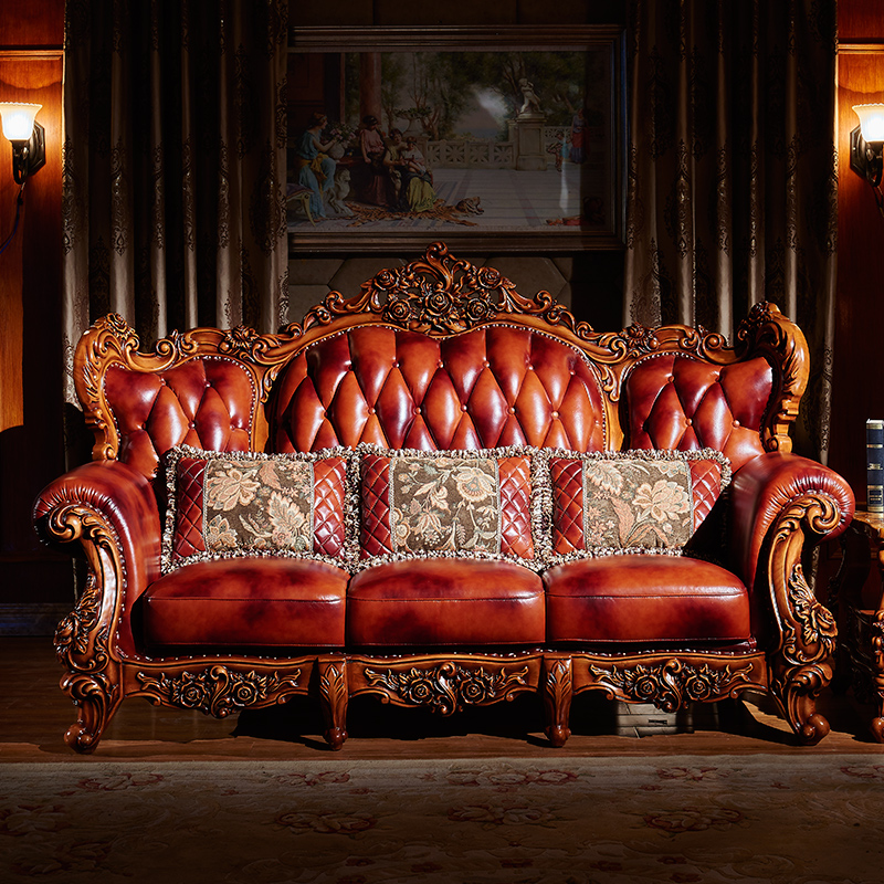 European luxury large solid wood leather sofa head layer cowhide single seat three seat double seat combination sofa