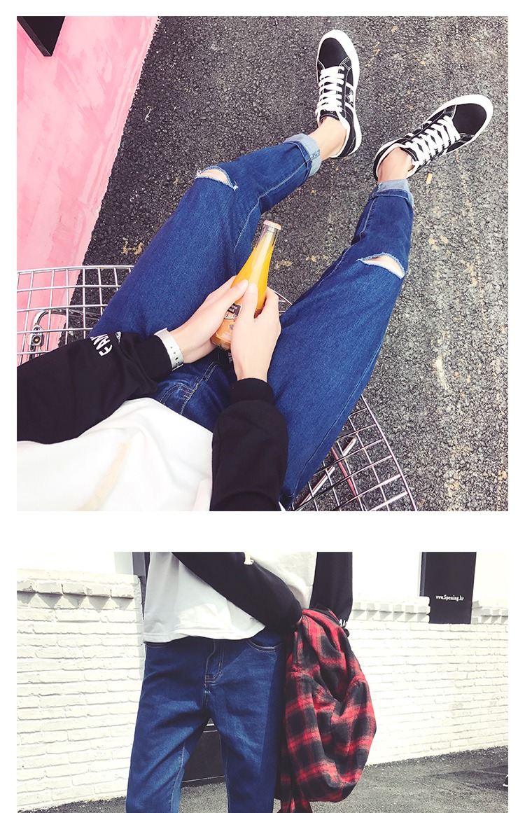Phiên bản Hàn Quốc của xu hướng quần tây hoang dã giản dị mùa hè Quần jeans ôm sát kiểu dáng quần dài nam kiểu quần lửng - Quần jean quần jean nam rách