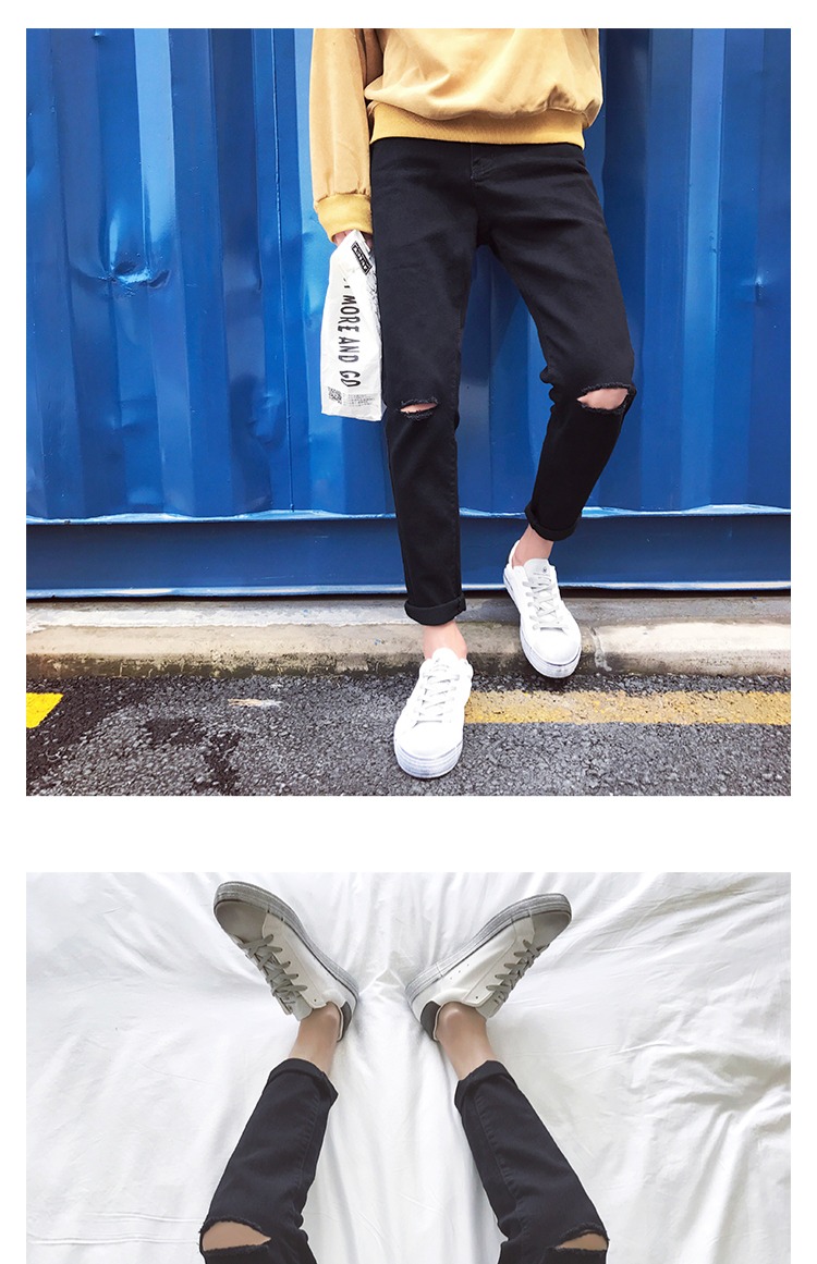 Phiên bản Hàn Quốc của xu hướng quần tây hoang dã giản dị mùa hè Quần jeans ôm sát kiểu dáng quần dài nam kiểu quần lửng - Quần jean quần jean nam rách