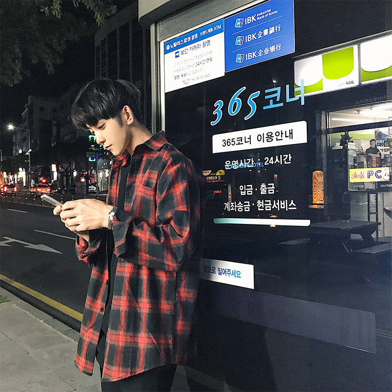 秋季磨毛男士落肩衬衣潮个性时尚韩版休闲百搭青年潮流红格子衬衫