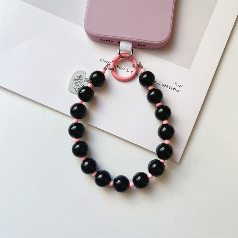 Simple Retro Beaded Phone Lanyard Black and Pink Letter Pendant Bag Charm Keychain Universal for Women