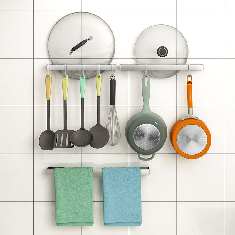 Hole-free kitchen hanging rod hook Wall-mounted shelf Spatula spoon hanger Kitchenware rag storage layer rack row hook