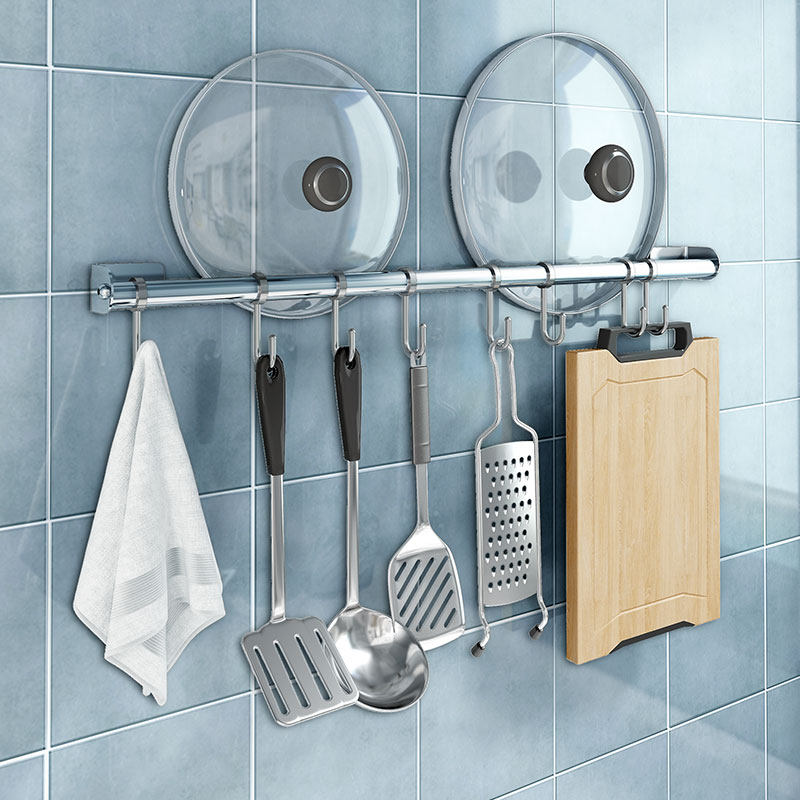 Non-perforated kitchen hanging rod 304 stainless steel wall-mounted shelf Hook rack Spatula spoon rag storage shelf