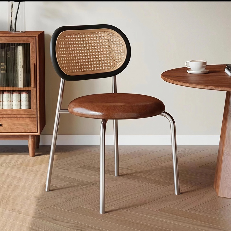 Used Rattan-Style Chairs for Home Use, Simple Balcony Stackable Chairs with Backrest, Vintage Nordic Style, Cream-Colored Trendy Dining Chairs