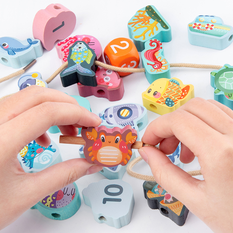 String Beads Children Toys Puzzle Early Teaching Baby 1-2 Year Old 3 Fine Action Training Toys Wear Rope Solid Wood Big Grain