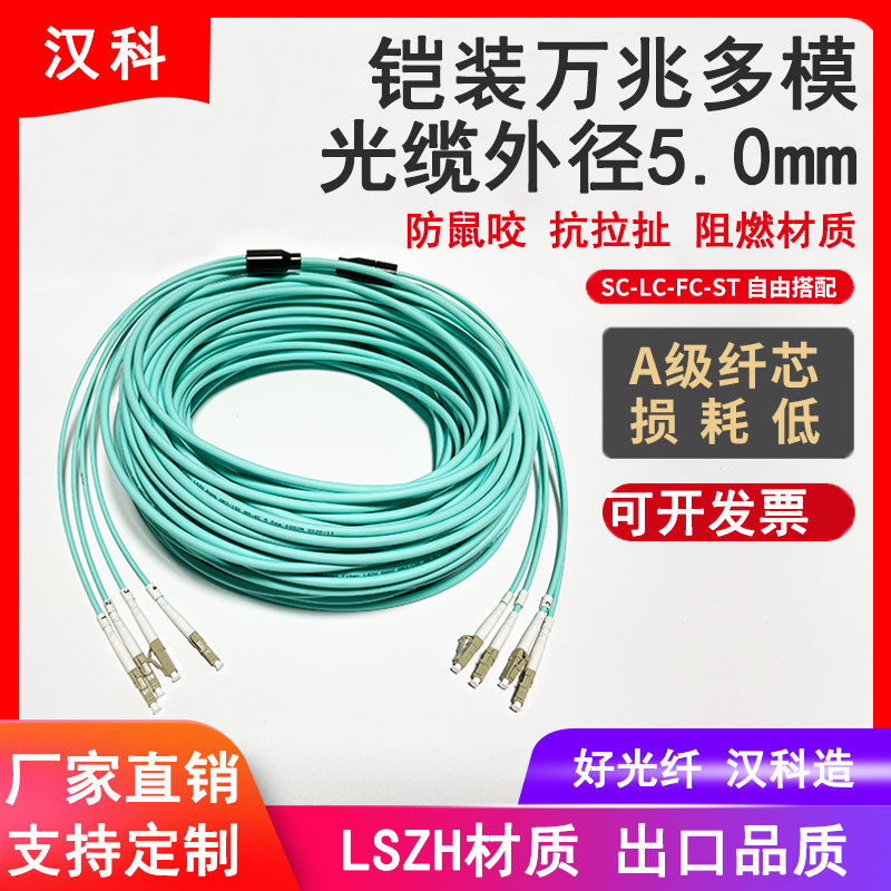 Telecom-Grade Lszh Armored Multi-Mode Om3 10g 4-Core Fiber Optic Patch Cord for Internet Cafes, Pressure-Resistant and Rodent-Proof, Lc to Fc-Sc-St Telecom-Grade Lszh Armored Multi-Mode Om3 10g 4-Core Fiber Optic Patch Cord for Internet Cafes, Pressure-Resistant and Rodent-Proof, Lc to Fc-Sc-St