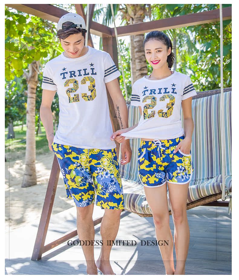 Cặp đôi mới đi biển mặc quần short nam rộng kích thước nhanh khô giản dị Quần short nữ ngắn tay áo phông mùa hè đi biển tuần trăng mật - Quần bãi biển quần short đi biển nữ