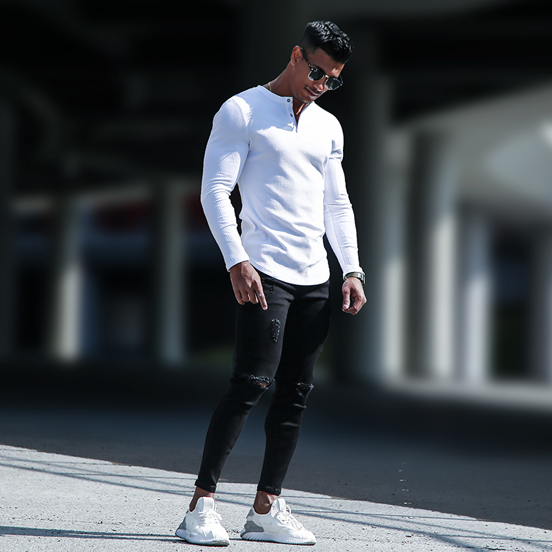 Bvsn Sports Long-Sleeved Fitness Coach Training Top Running Casual T-Shirt Slim Cotton Henley Collar Base Shirt for Men