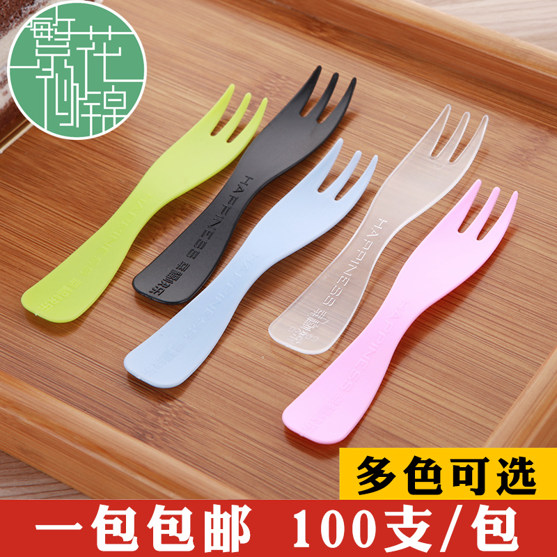 100 Packs Wave Three Teeth Fork Disposable Plastic Thickened Independent Loaded Colorful Cake Fork Sweet Snack Fork