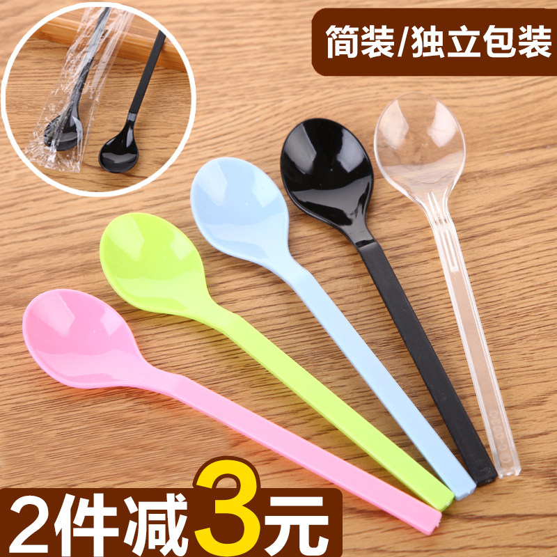 Long Handle Spoon Plastic Disposable Spoon Alone Packaging Commercial Sweet Spoons Holy Dai Ice Cream Spoon Pudding Yogurt Spoon 