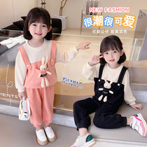 Girl Spring Clothing Casual Cartoon Two Sets Womens Baby New Children Han Edition Fashion Middle Boy Back Belt Pants Suit