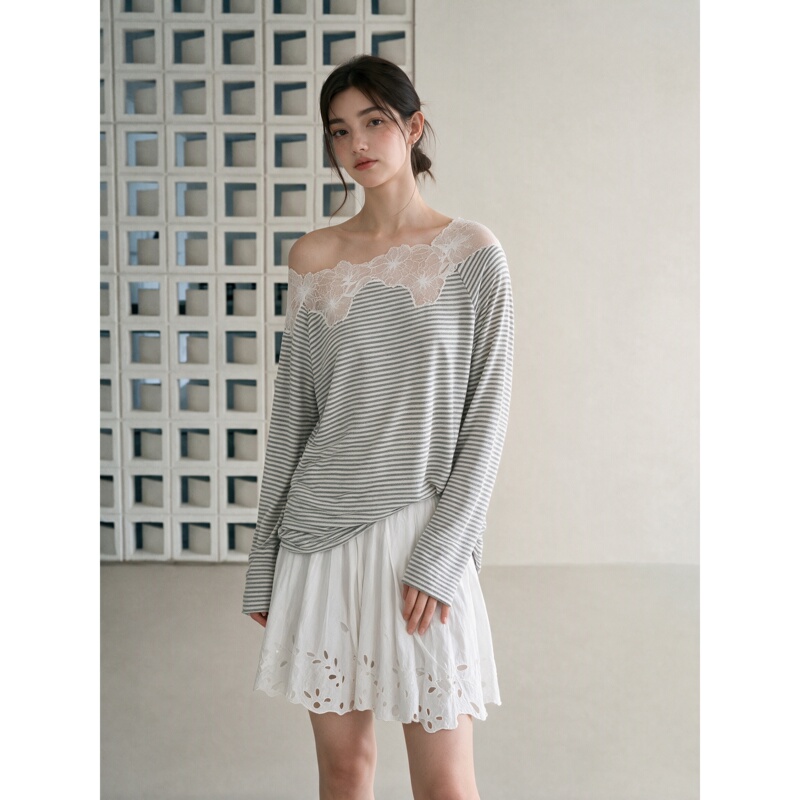 Liangmuyi Striped Lace Hollow Out Long Sleeve T-Shirt Slimming 2026 Autumn New Design Versatile Top Liangmuyi Striped Lace Hollow Out Long Sleeve T-Shirt Slimming 2026 Autumn New Design Versatile Top