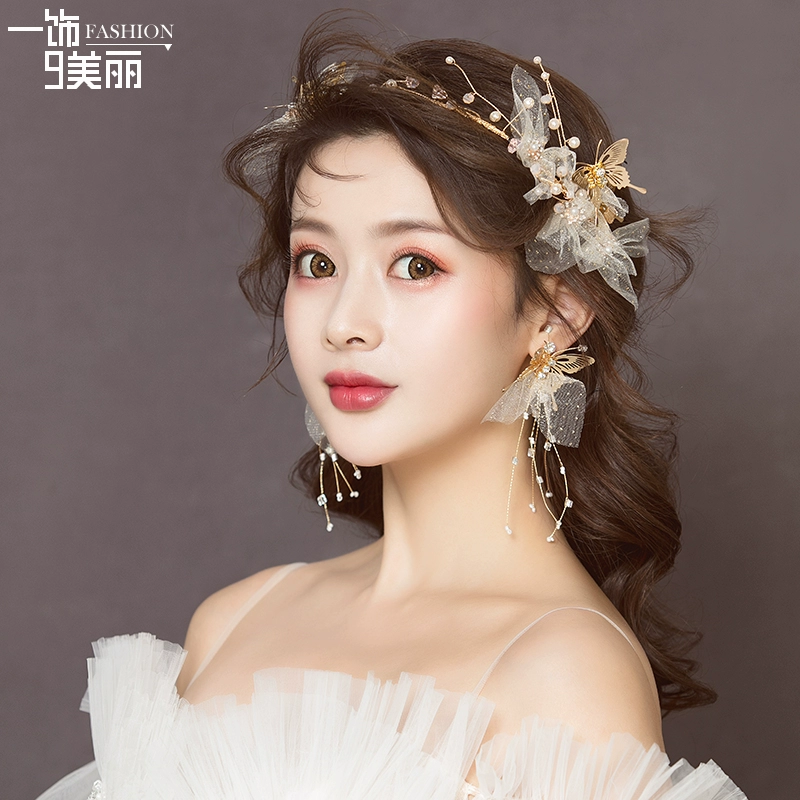Bông tai đội đầu cô dâu Bộ bông tai sợi tơ tiên nữ vẻ đẹp siêu tiên Băng đô đám cưới Hàn Quốc 2020 phụ kiện cưới mới - Phụ kiện tóc