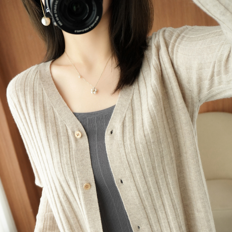 JOIMIFU selection of products ~ autumn new cardigan loose vertical stripes 100% wool sweater jacket fashionable sweater