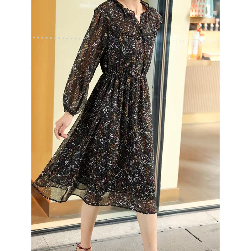 JOIMIFU oil painting texture small floral ~ extraordinarily textured printed long-sleeved waist high-end chiffon autumn new