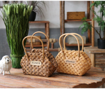 Pastoral wood chip small flower basket handbag flower basket Wood flower basket Home decoration desktop flower arrangement basket gift basket