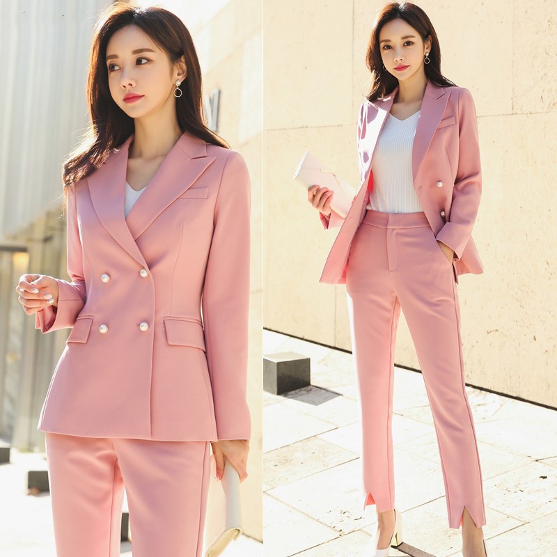 TUNEVA2020 spring new pink suit waist thin suit nine-point pants OL suit female