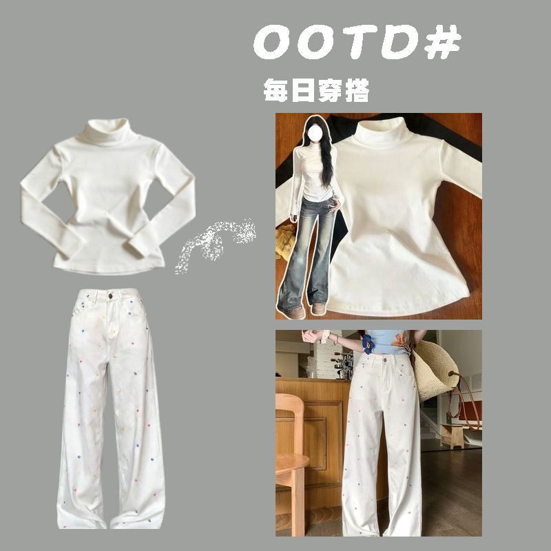 Trendy Kuaishou Influencer Half-High Collar White Thermal Thickened Top for Older Children + White Denim Pants Set in Ins Style