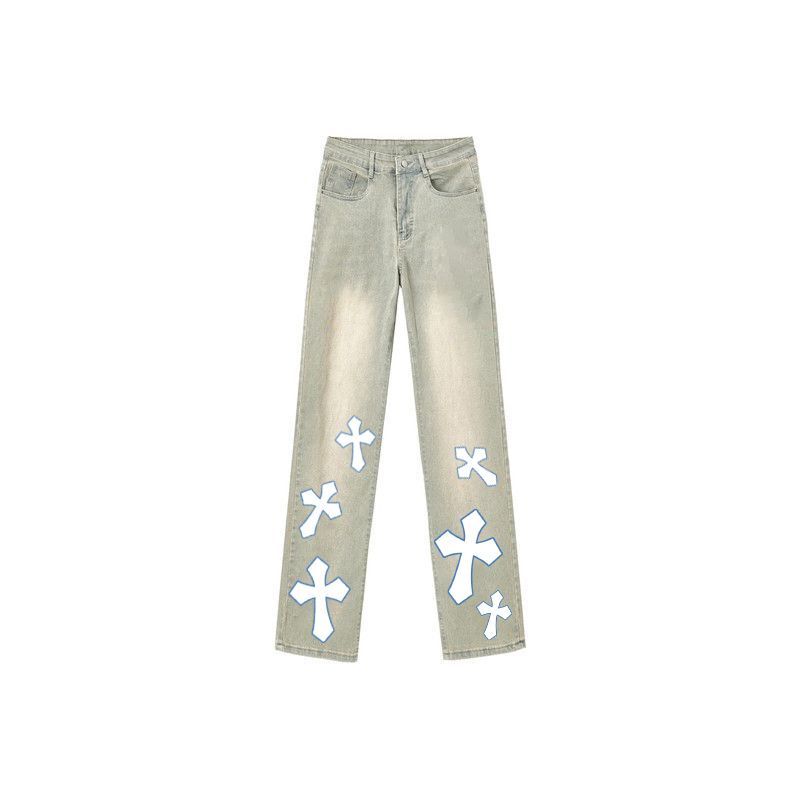 American Retro Washed Vintage Trendy High Street Cross Letter Print Jeans for Older Children ins Style American Retro Washed Vintage Trendy High Street Cross Letter Print Jeans for Older Children ins Style