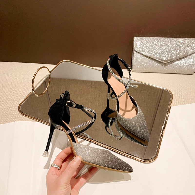 Women's 2026 New Style Hollow Crystal Chain Pointed Toe Gradient High Heels Sexy Stiletto Heels for Evenings
