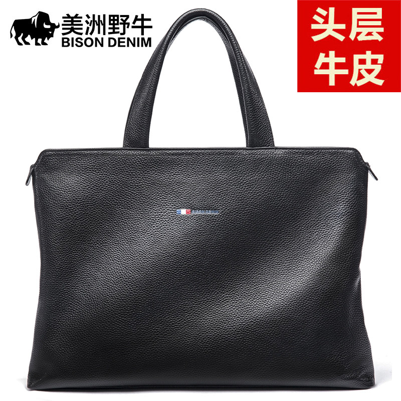 Americas Bison Bull Men's Briefcase Genuine Leather Cross Section Business Casual Tide Large Capacity Headlayer Bull Leather Computer Handbag