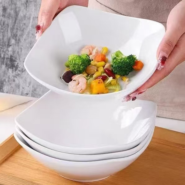Pure White Minimalist Square Plate, Deep Bowl for Home Use, High Aesthetic Ceramic Dish, Salad Bowl, Deep Soup Plate, Microwave Safe