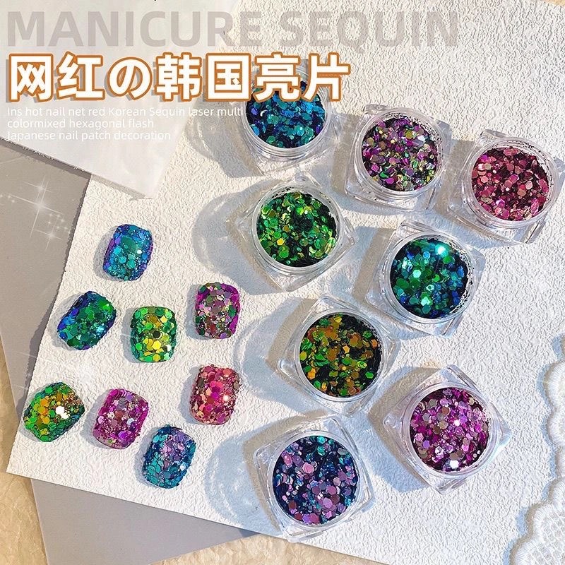 Internet celebrity hot style imported Korean sequins manicure glitter powder large six-sided laser aurora Japanese-style color decorations mixed