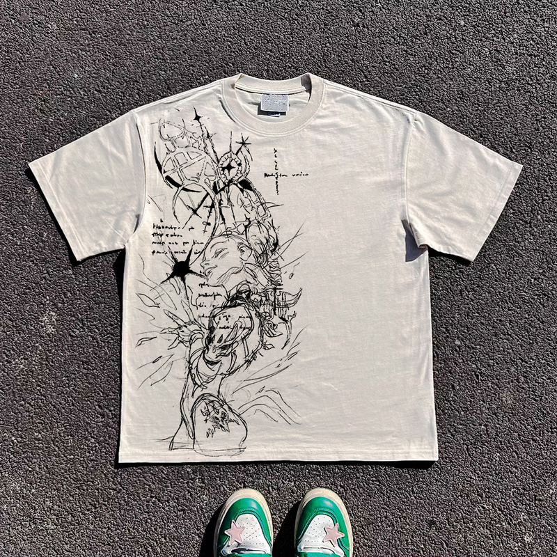 Wang Youbing Studio Heavyweight 260g! Anime Cartoon Line Art Manuscript Niche Design Unisex Short-Sleeve T-Shirt