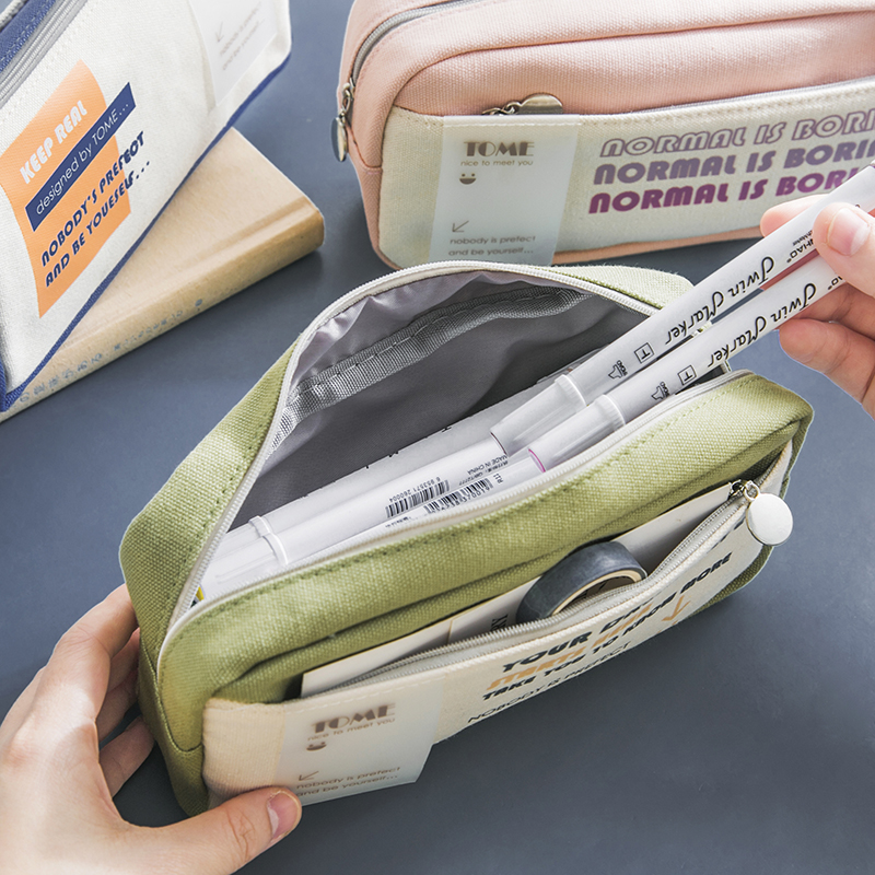 Three years two classes Korean version large capacity canvas pen bag simple ins stationery box cute pencil box Japanese stationery bag