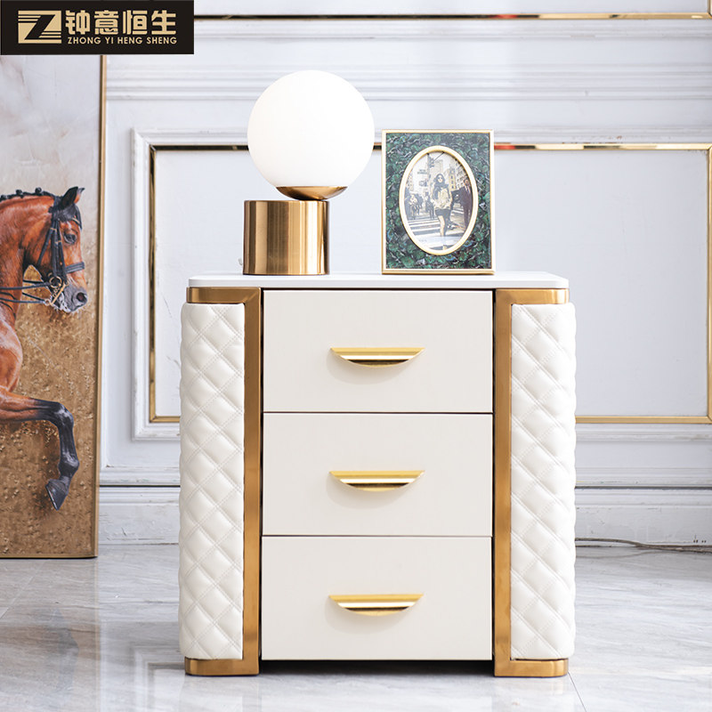 Bedside table slate three drawers Italian style light luxury high-end solid wood leather bedside cabinet modern simplicity 2022 fingerprint combination lock
