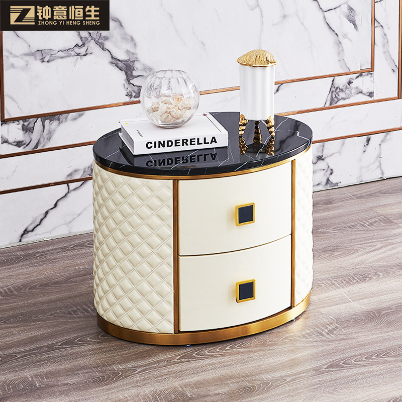 Bedside cabinet Solid wood Modern Light Luxury Superior Designer Rock Panel Installation Oval Bed Cabinet