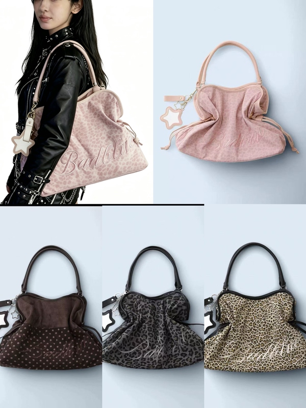 Trendy Korean Badblue Leopard Print Tote Bag Large Capacity Drawstring Shoulder Bag Commuter Bag for Hot Girls and Sweet Girls