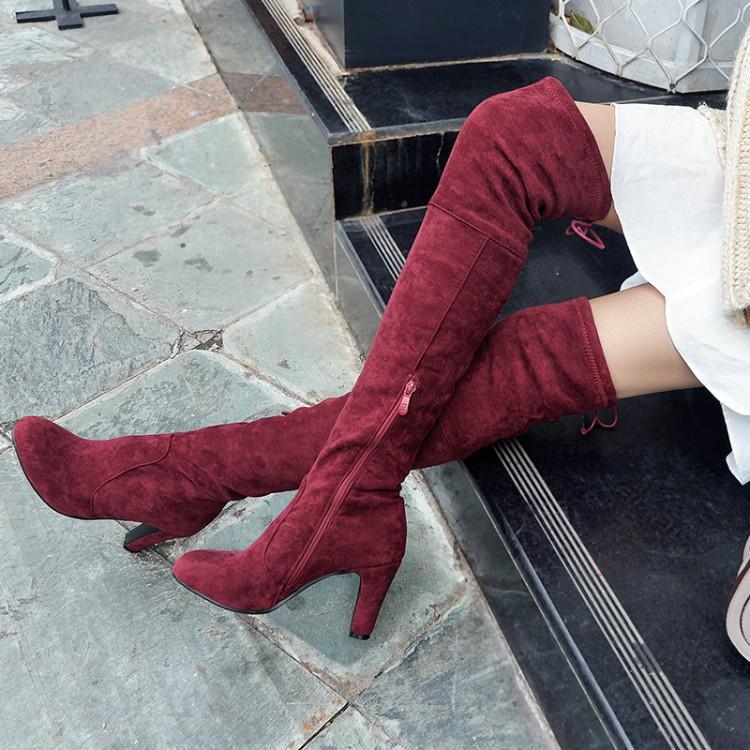 Burgundy New High Boots Thick Heel Slimming Over-The-Knee Boots Elastic Boots High Heel Boots for Women Large Size Burgundy New High Boots Thick Heel Slimming Over-The-Knee Boots Elastic Boots High Heel Boots for Women Large Size