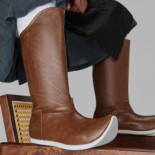 乌衣巷棕色皂靴皮革防水汉服靴子男明宋翘头古风古装靴