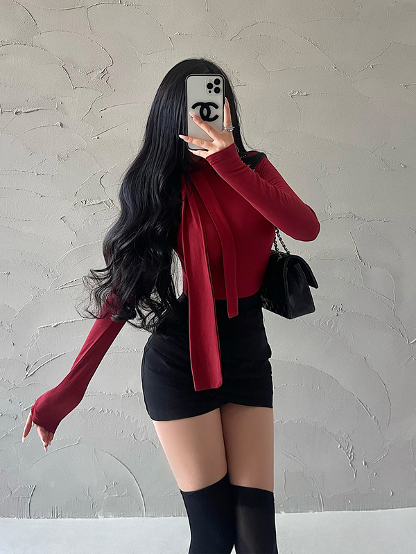 Younggirlday Pure Desire Sweet Girl High Neck Slim Fit Tie-Neck Long Sleeve Base Shirt T-Shirt Top