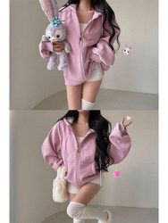 Younggirlday American Fall and winter Drawstring Hooded Zipper Loose Slim Looking Easiest for match Athleisure Sweatshirt Outwear
