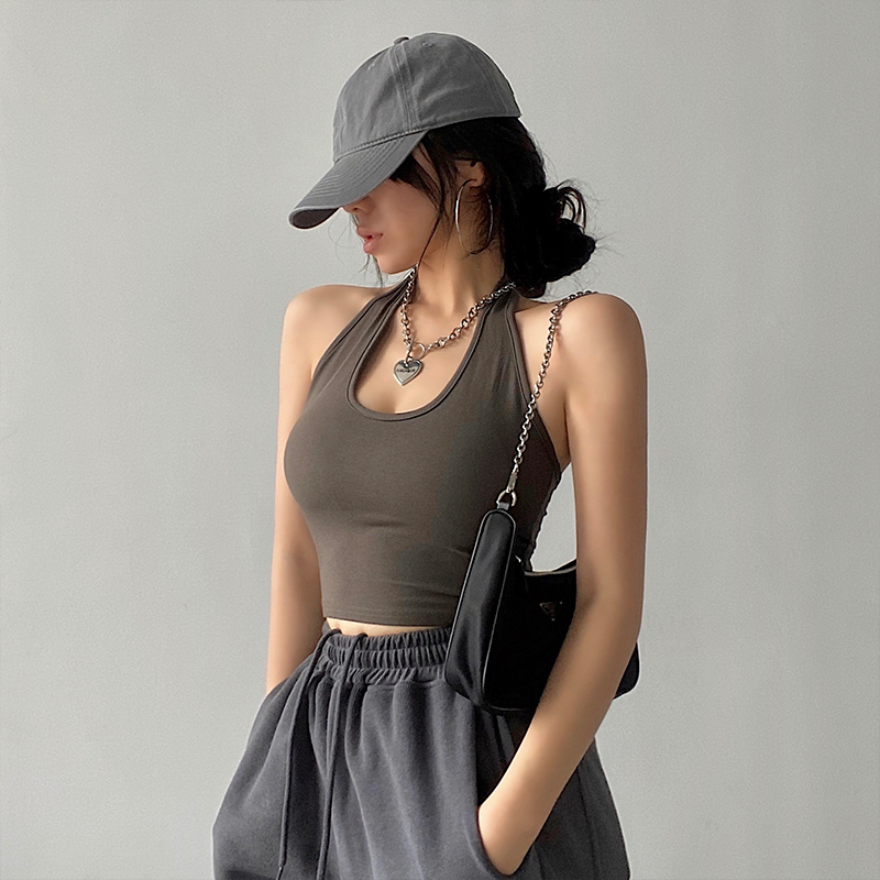 YoungGirlDay hot girl solid color tight-fitting and thin sexy backless hanging neck tube top short crop top camisole