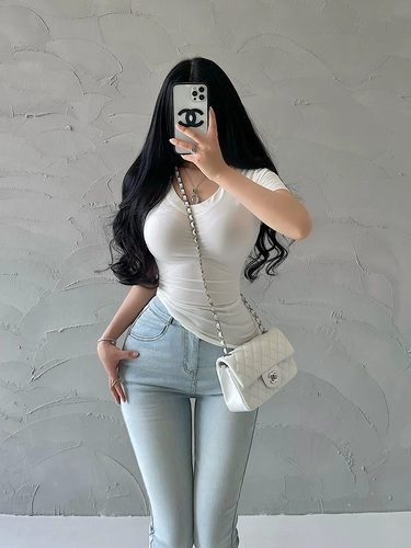 Сексуальная базовая приталенная цветная эластичная футболка с коротким рукавом, V-образный вырез